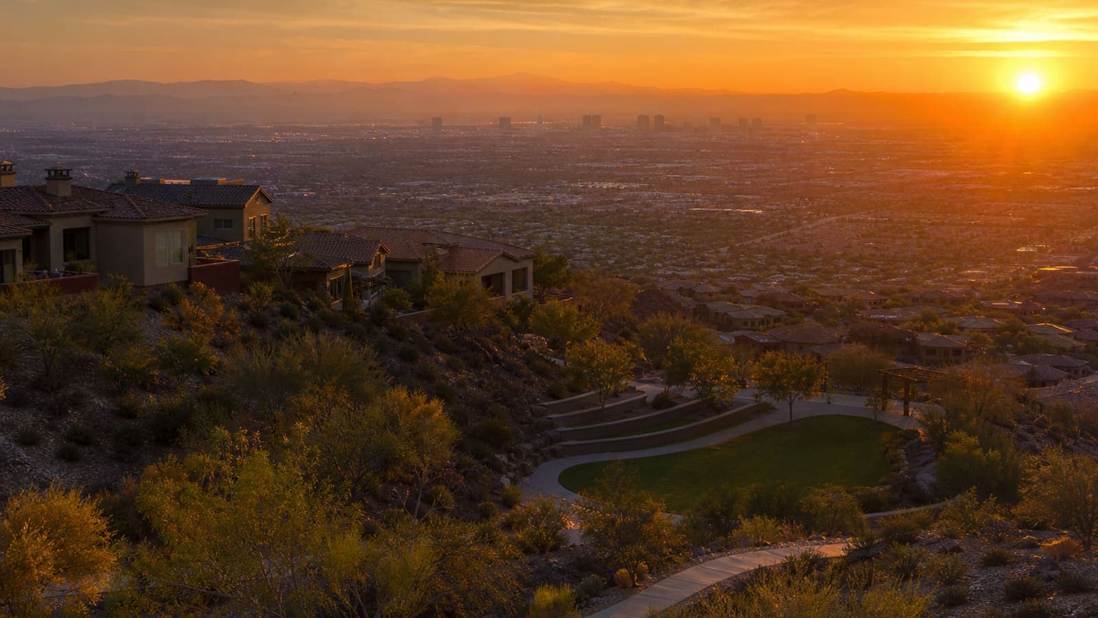 Hilltop homes in Anthem, Henderson, Nevada overlooking the valley at sunset