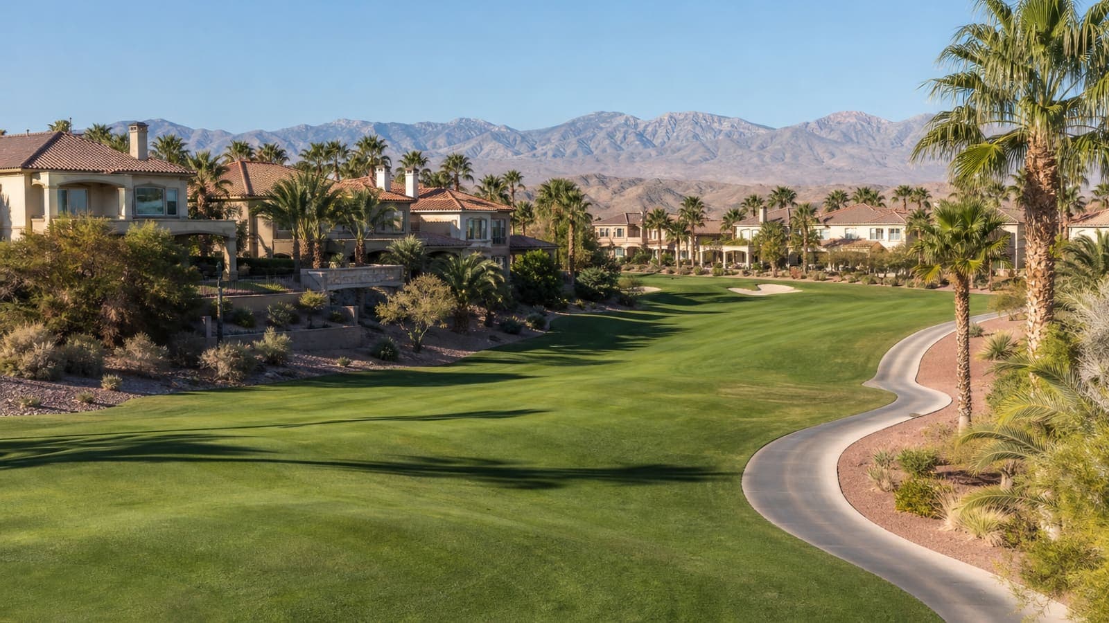 Golf fairway winding between homes in guard-gated Rhodes Ranch, southwest Las Vegas