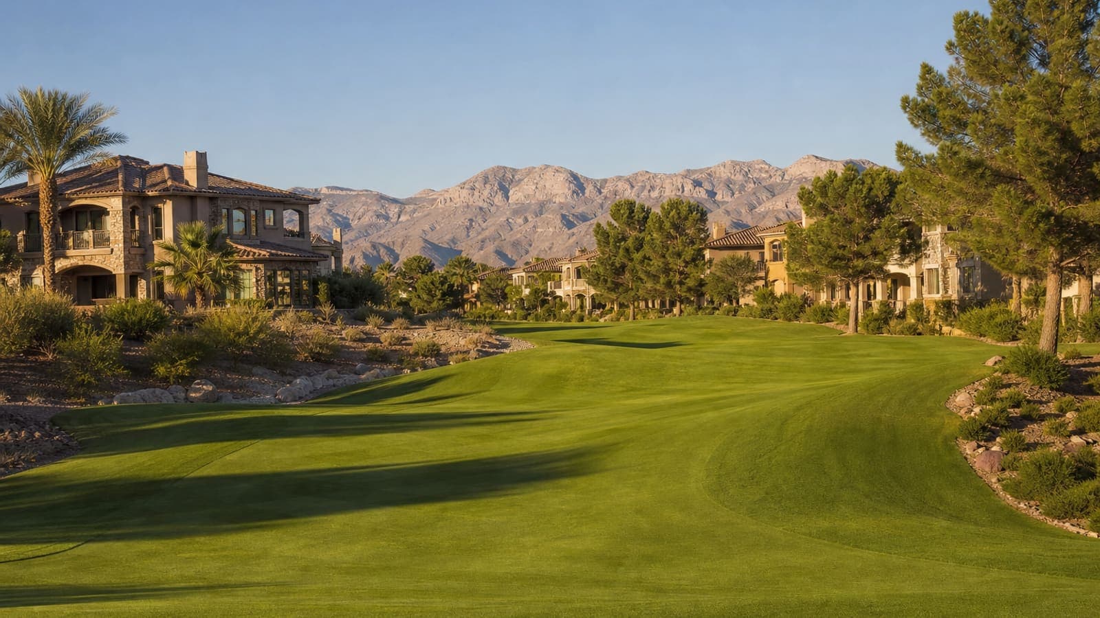 Golf course fairway lined with luxury homes in Southern Highlands, Las Vegas