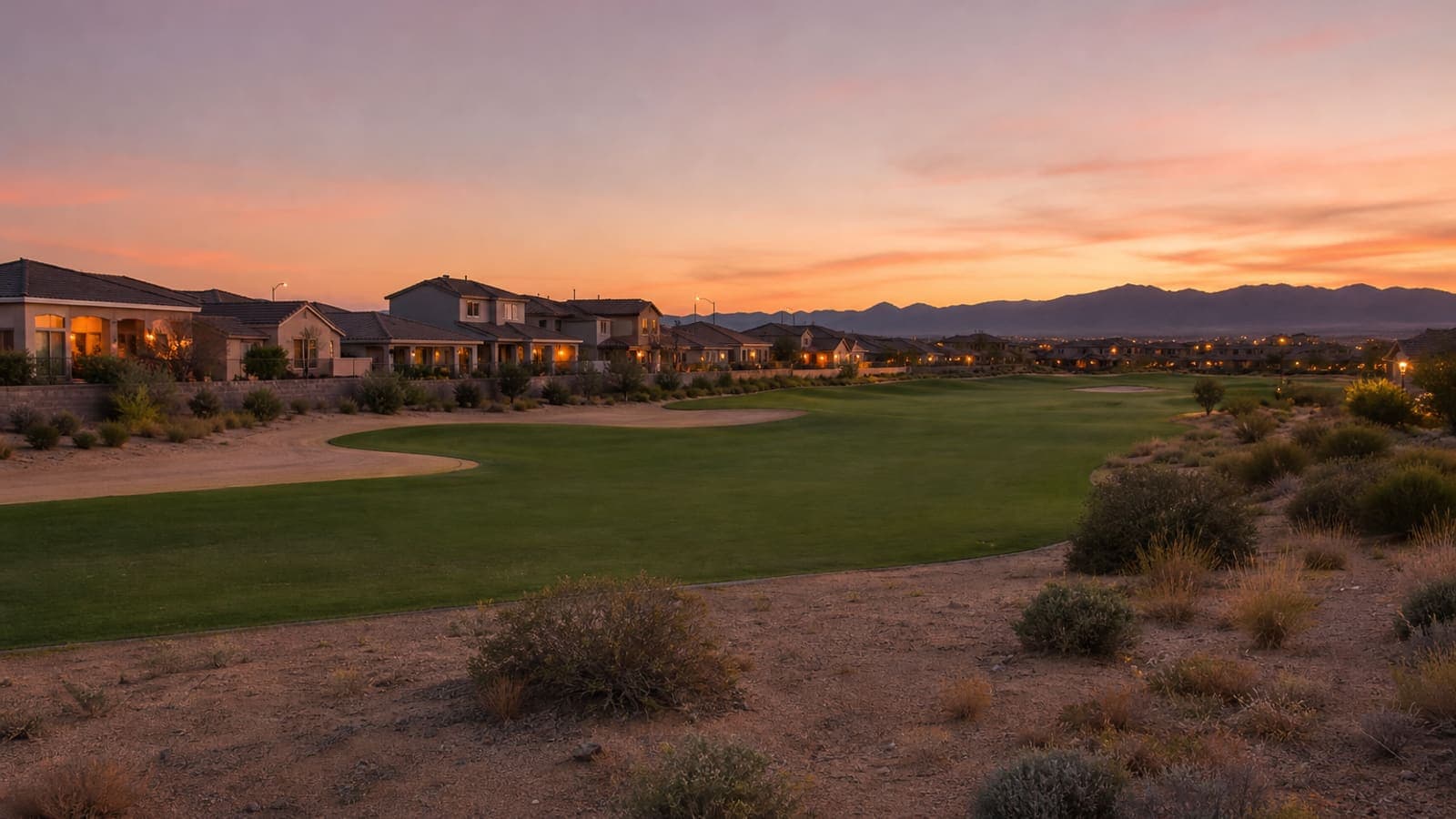Golf course and homes at dusk in Aliante, North Las Vegas