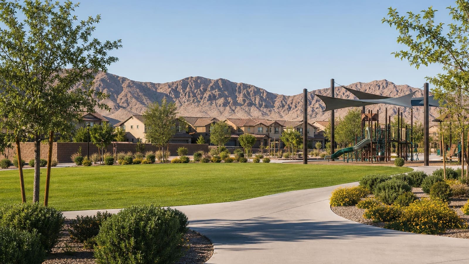 Community park with playground and homes in Providence, northwest Las Vegas